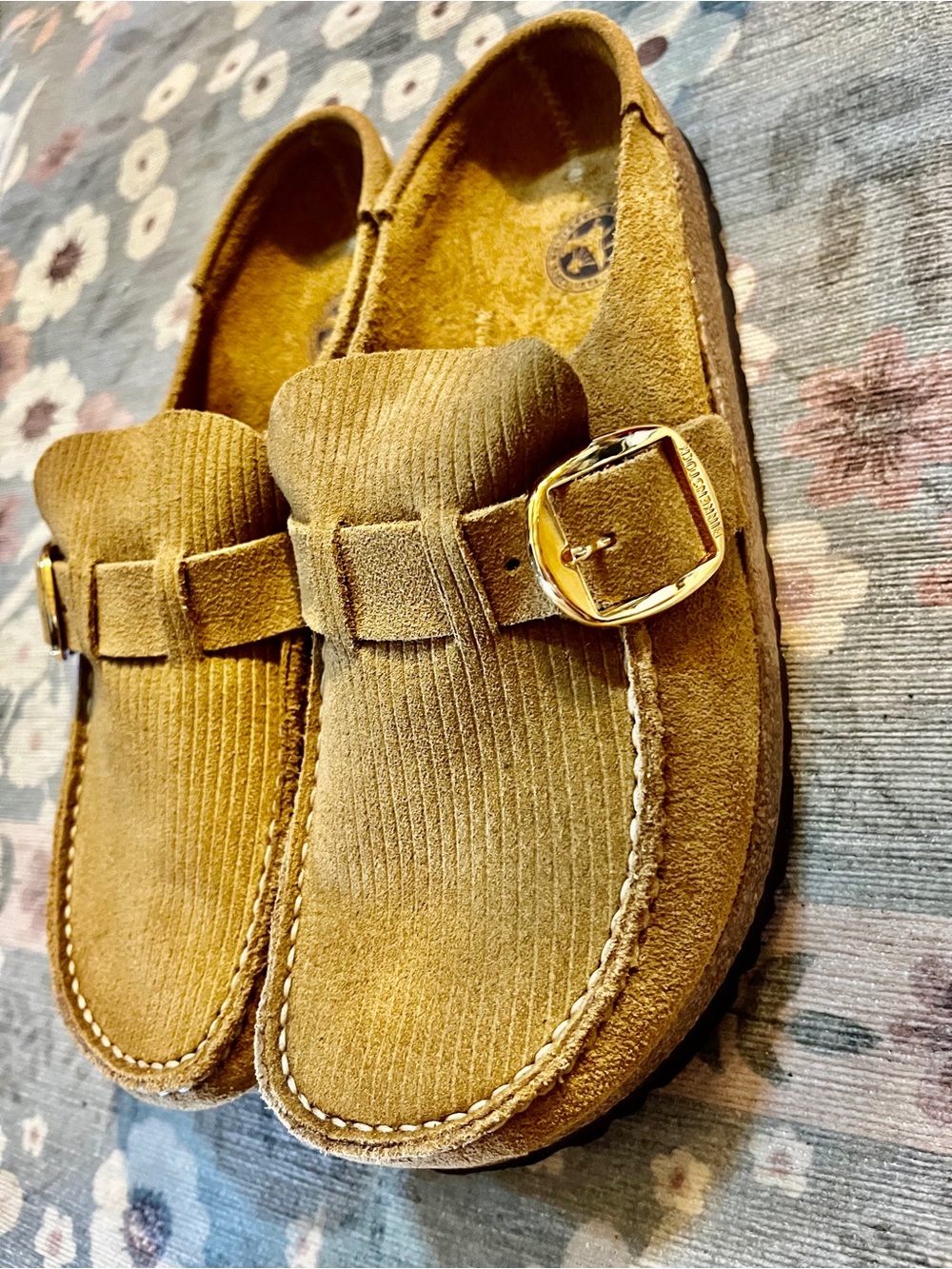 Birkenstock Women's Tan Suede Clog Mules with Gold Buckles